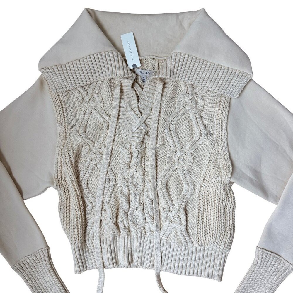 NWT ANTHROPOLOGIE Pilcro Sweater Chunky Cable Knit Collar Women's XS Cream - Picture 2 of 12